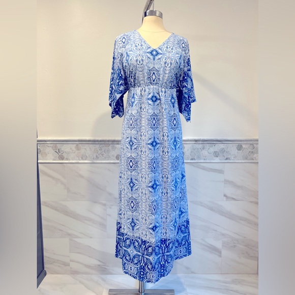 Chico’s Blue Print White Flatter Sleeve Maxi Dress Size Small Medium S/M - Picture 1 of 11